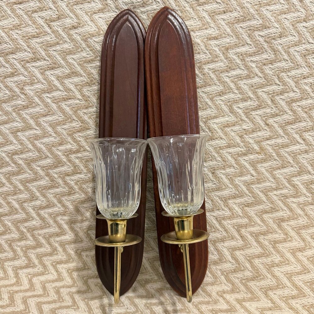 Vintage Home Interiors Wooden Glass Wall Sconce Candle Holders Set of 2
